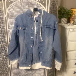 Lite Blue Jean Jacket with White Hoodie and Hanako Kun Logo Size Medium